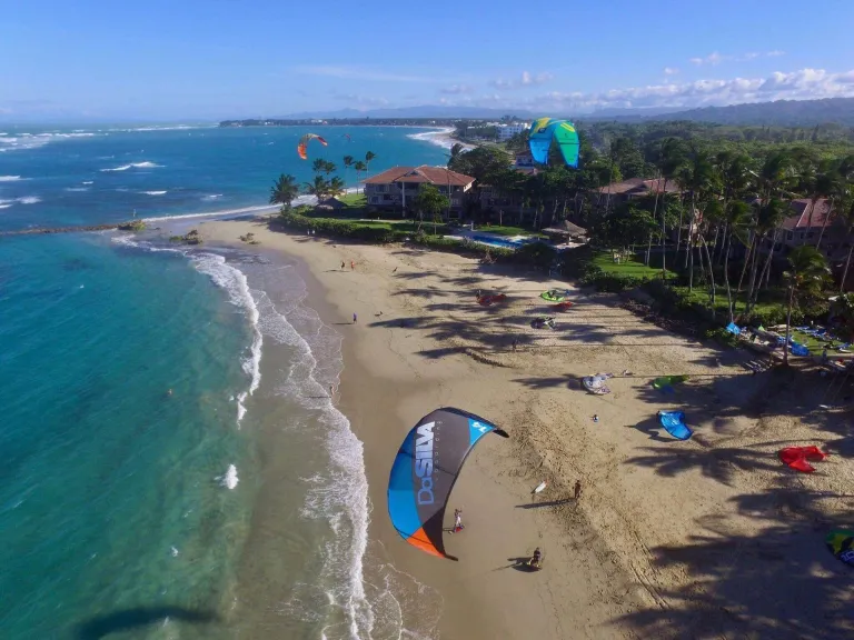 Aerial view of Kite Beach with a kite on the sand