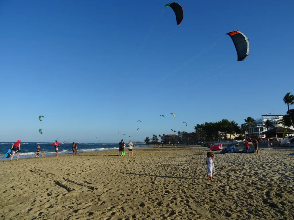Kites flying over the sand at Kite Beach, Cabarete
