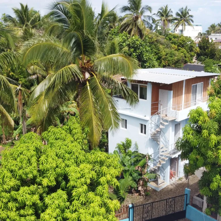 White three-storey building with outside stairs among palm trees