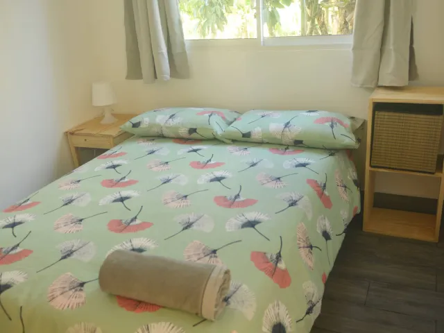 Double bed with a green flower cover by a window