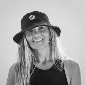 Samuela Mule, black and white portrait, wearing a bucket hat