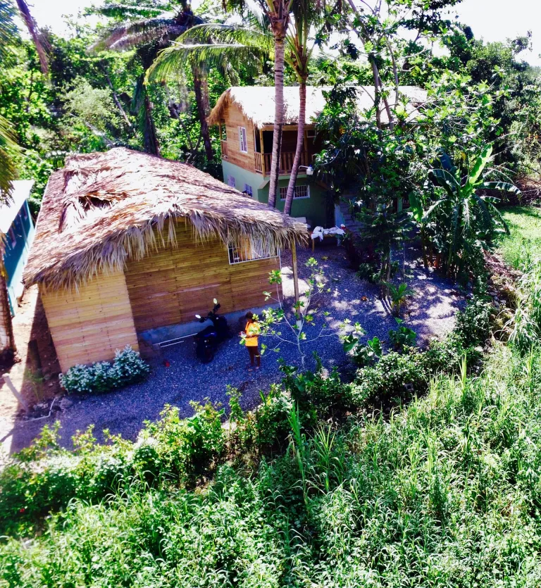 Small wooden house with a palm roof in the green