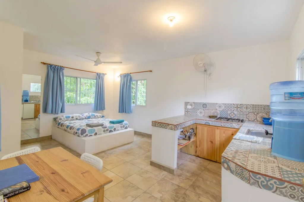 Bright studio with a bed, kitchen counter and table