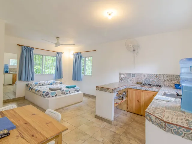 Bright studio with a bed, kitchen counter and table
