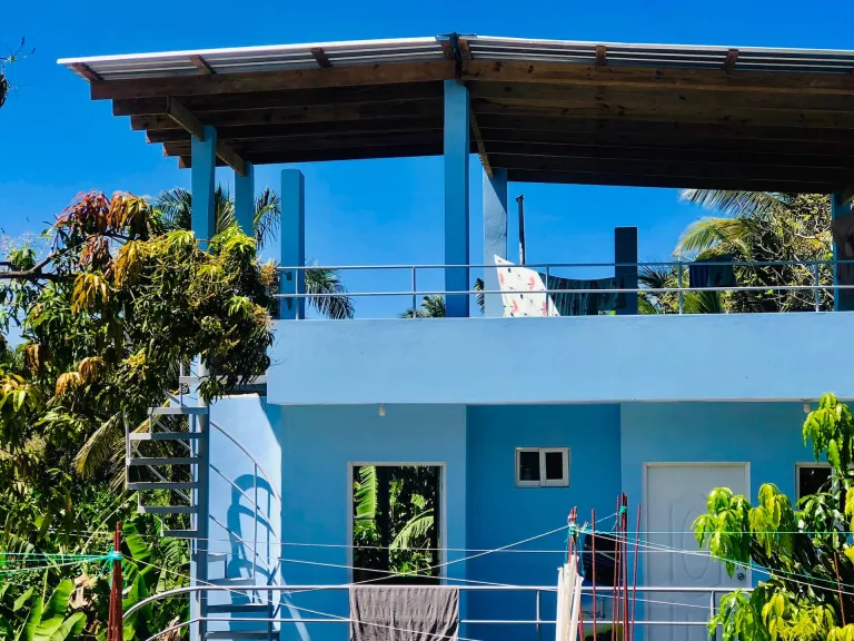 Blue building with a roof terrace among the trees